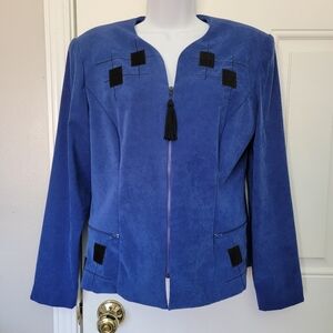 Vintage John Roberts Royal Blue Zip Up Jacket Black Geometric Design Size 10